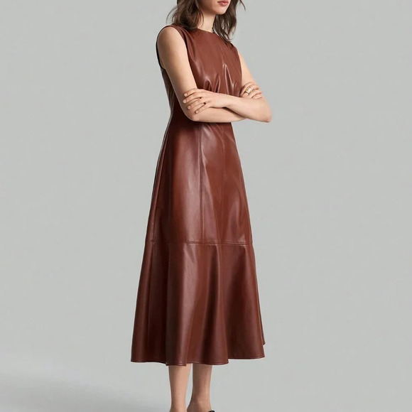 Dresses & Skirts - Brown Elegant Women's Round Neck Sleeveless Wide Shoulder PU Dress